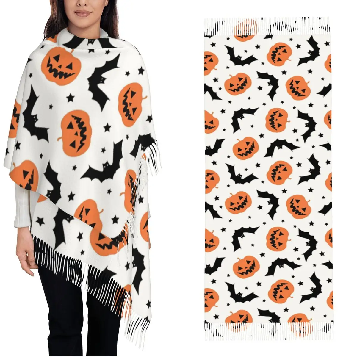 Halloween Pumpkins Spooky Scarf for Womens Winter Warm Cashmere Shawl Wrap Bat Gothic Cartoon Long Shawl Scarf for Ladies