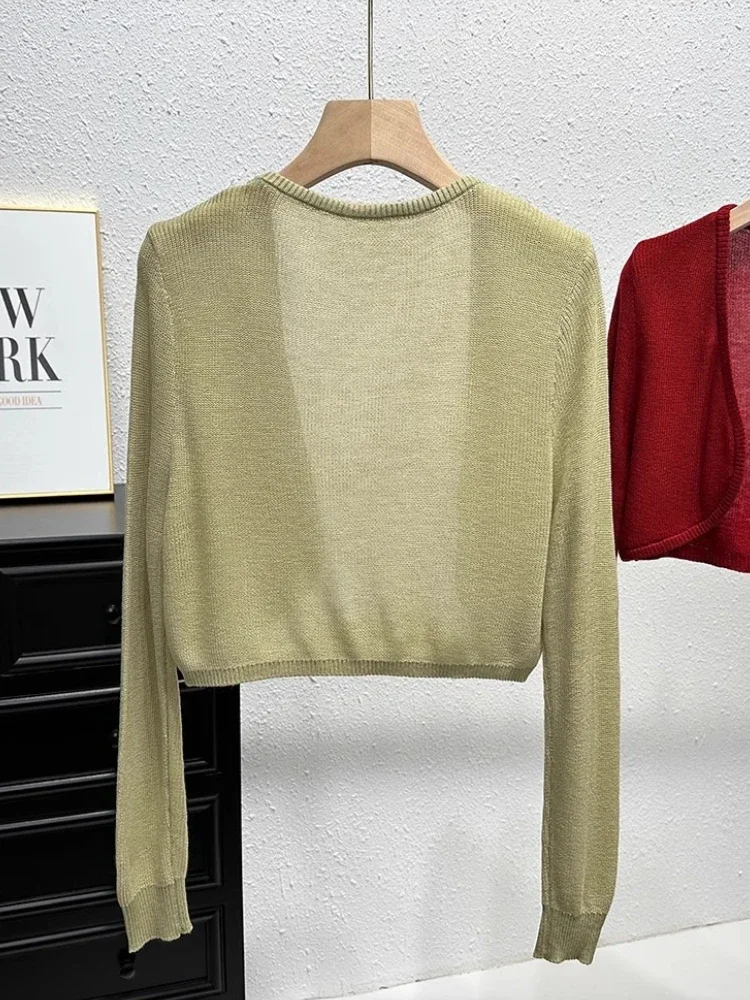 Korean Fashion Sun-Proof Cardigans Women Crop Tops Sweater Thin Short Summer 2025 Solid Knitted Long Sleeve Cardigan