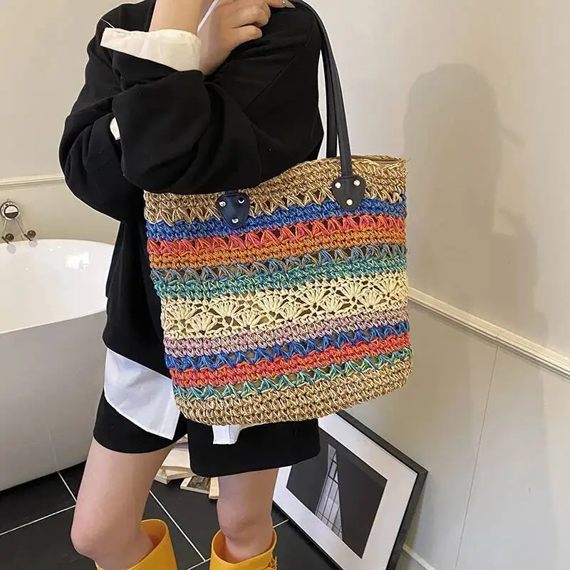 

2025 Новая модная летняя пляжная винтажная тканая соломенная сумка радужного цвета, женская сумка через плечо для отпуска