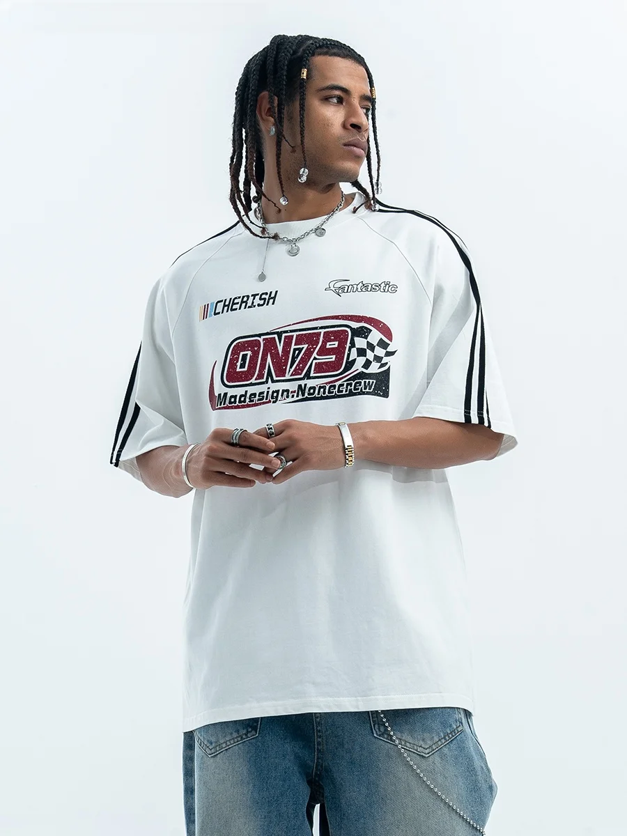 Onesevenine American Street Style Short Sleeve T-Shirt Men's Summer Loose Fit round Neck Print Cotton Top Three Bars