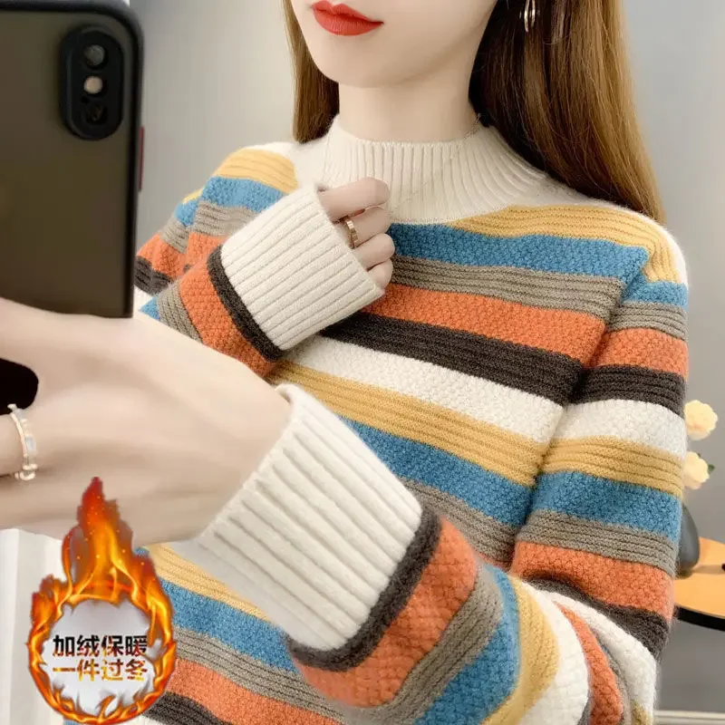 

Autumn Winter Rainbow Striped Knitting Top Women New Long Sleeve Plush Thickening Loose Color Blocking All-match Sweaters PH56