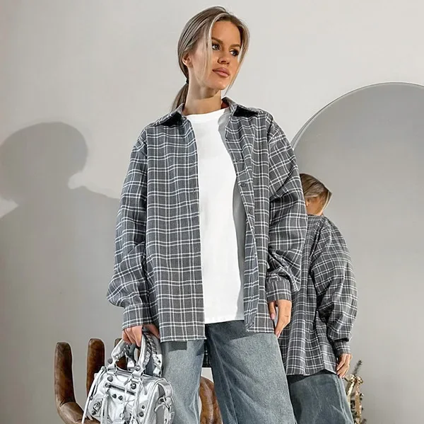 Grey Temperament Plaid Oversize Loose Lapel Womens Shirt 2024 Spring New Fashionable Clothing for Women