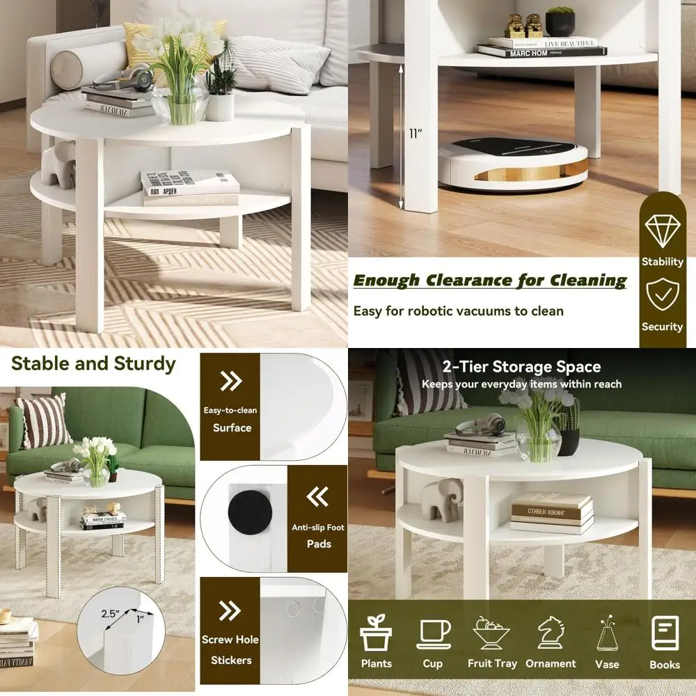 

круглый 2-уровневый современный журнальный столик середины века с полками для хранения и боковыми отделениями, деревянным центром