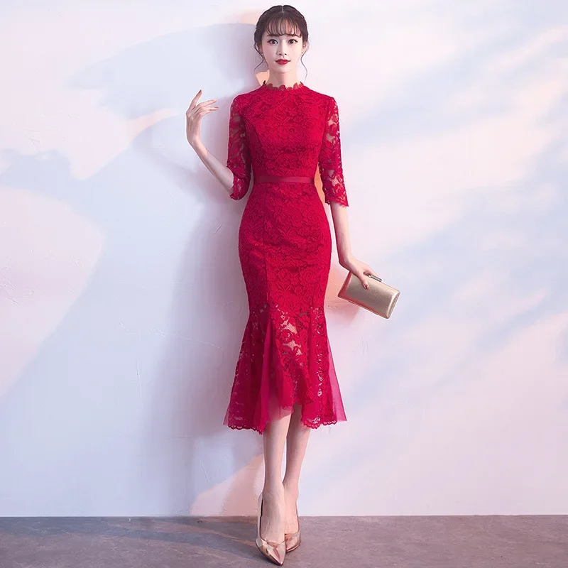 

Свадебное платье-тост Cheongsam, новинка 2025, весеннее красное кружевное вечернее платье, свадебное платье Ципао с русалкой
