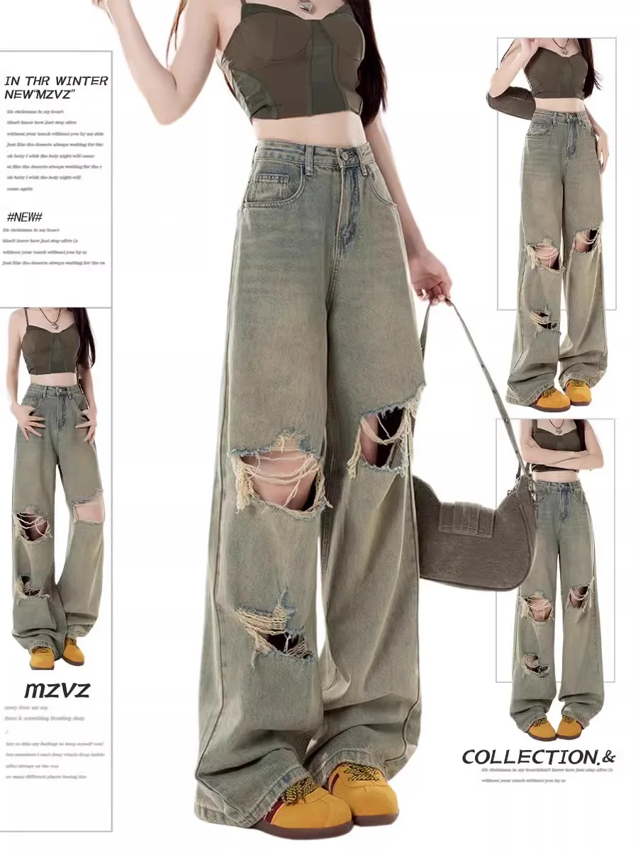 

Винтажные рваные прямые джинсы в американском стиле, женские повседневные широкие джинсовые брюки с отверстиями, удобные свободные уличные брюки