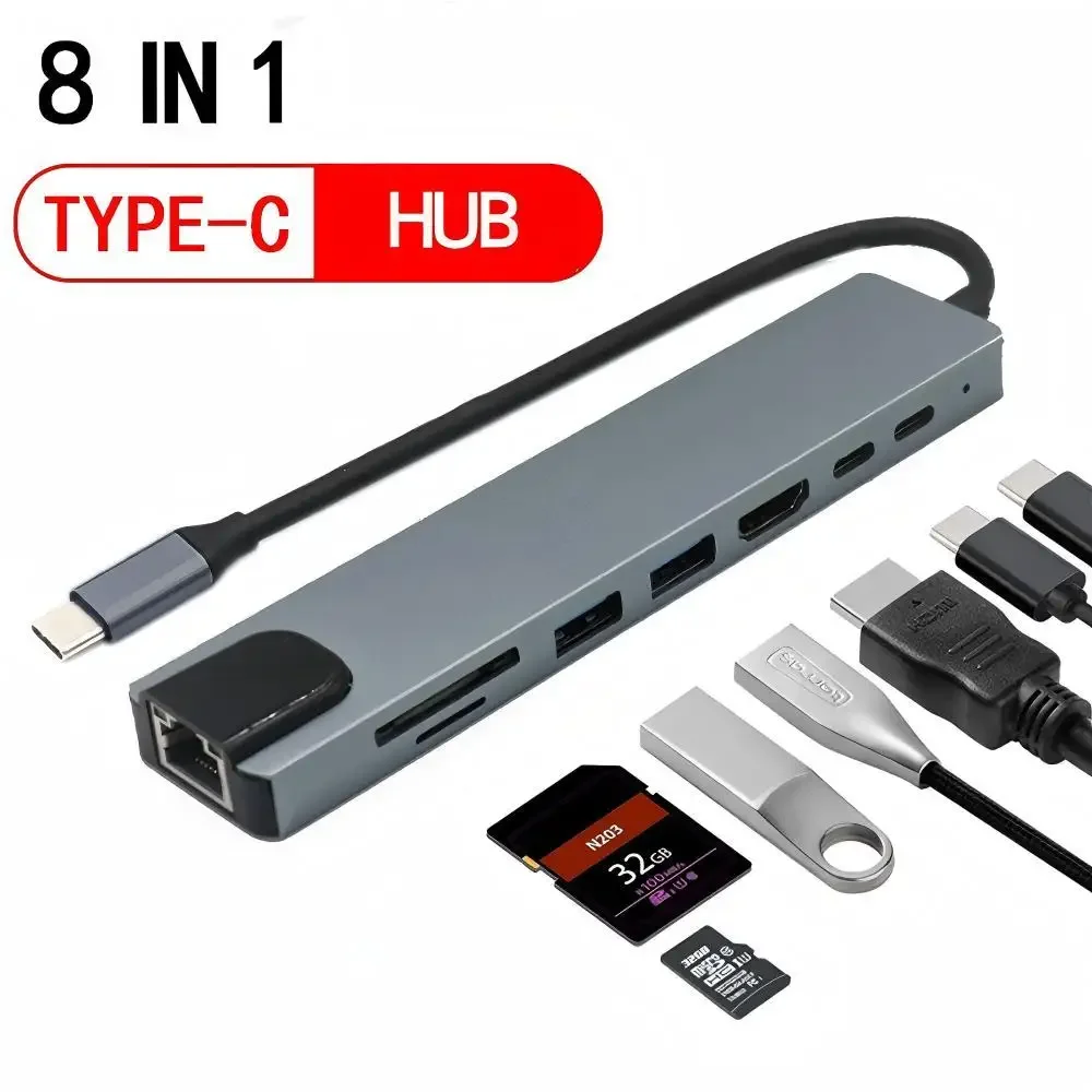 

8 in 1 USB C Adapter with 4K DHMI,100W PD,USB 3.0, RJ45 Ethernet, SD/TF Card Reader, Docking Station Compatible with MacBook Pro