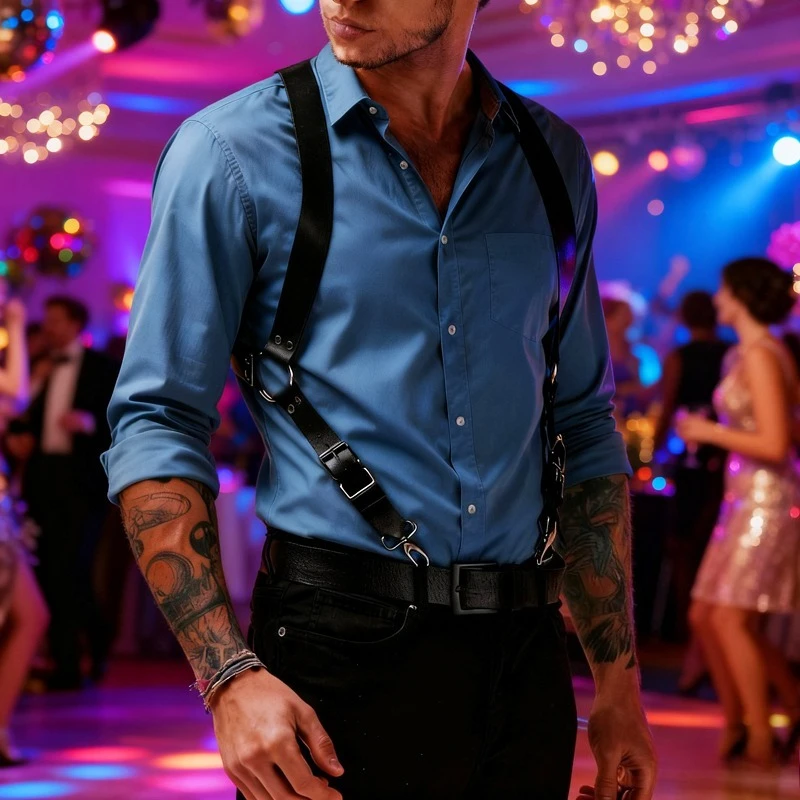 Men'S Punk Faux Leather Strap Belt - Adjustable Shoulder Strap Suitable for Nightclubs, Bar Performances, Music Festival Attire