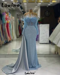 Blue Off Shoulder Arabic Evening Dresses Long Sleeves Sheer Neckline Beaded Elegant Wedding Party Dress 2024 Mermaid Prom Gowns