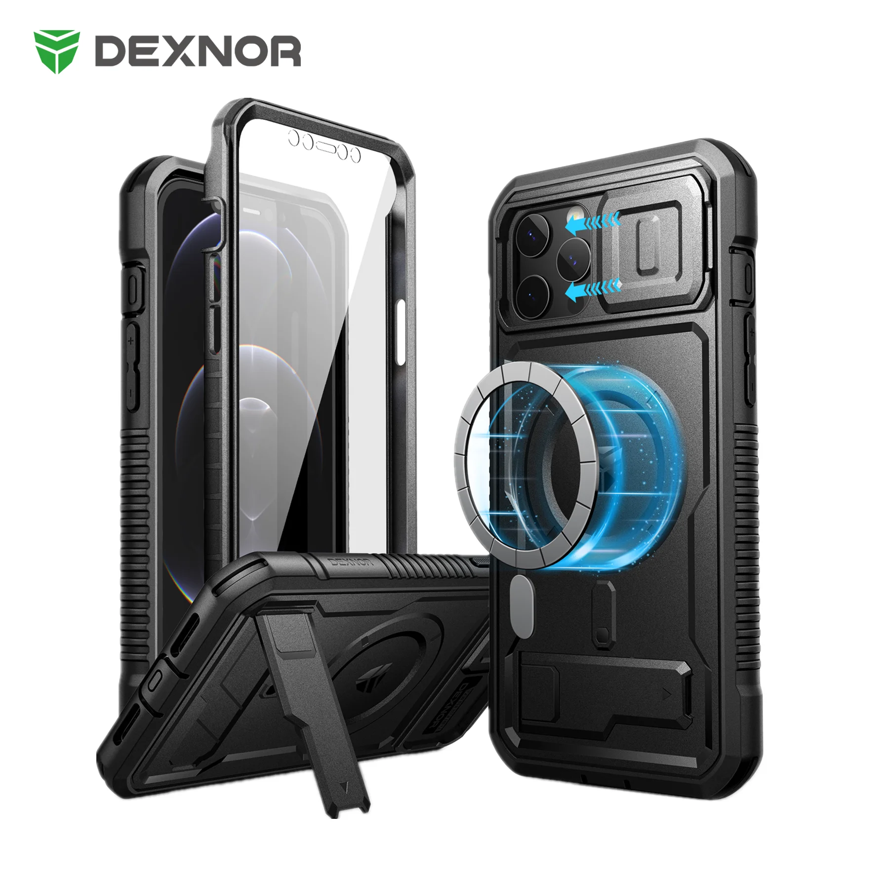 For iPhone 12 Pro Max Case 360 Full Body Rugged Armor Shockproof Case with Camera Cover and Built-in Screen Protector Kickstand