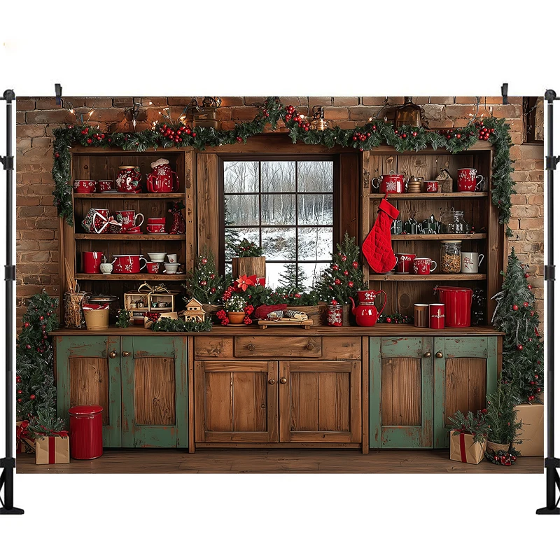 LS Natale Cucina Fotografia Sfondo Finestra di cuoco interna Decorazioni per alberi di Natale Bambini Ritratto di famiglia Sfondo fotografico Studio