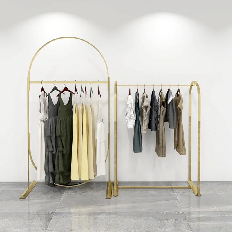 

custom，Complete Set Nordic European Metal Stainless Steel Gold Clothing Display Stand Rack for Retail Shops