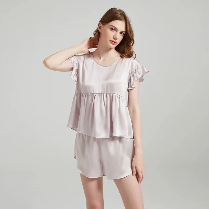 

New Arrival Women's 19-Momme Silk Short-Sleeve & Short Pajama Set, featuring Ruffled Flutter Sleeves and a Waisted Design, Casua
