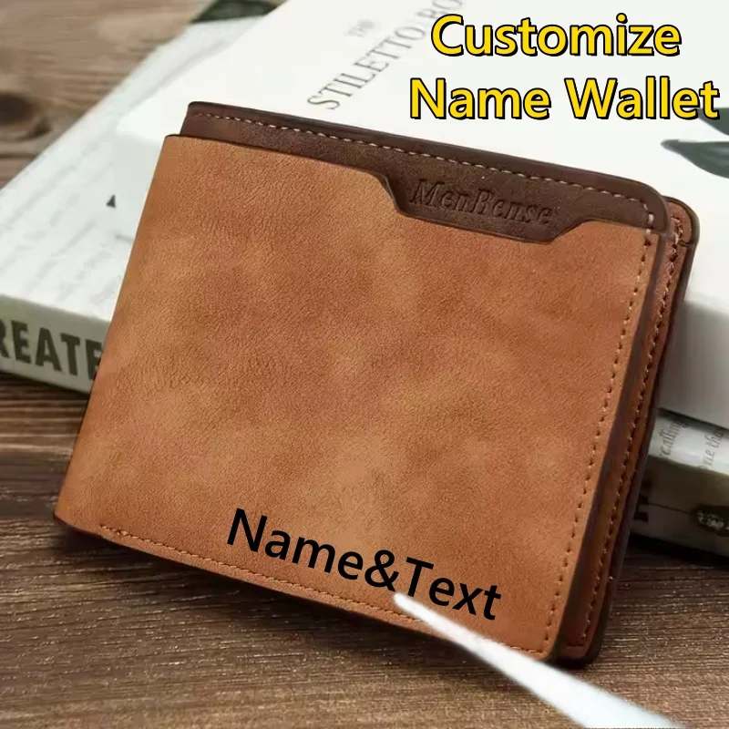 Custom Men'S Faux Leather Wallet Personalized with a Name&Text,Vintage Style,Business Card Holder,Brown PU Short Wallet for Men.