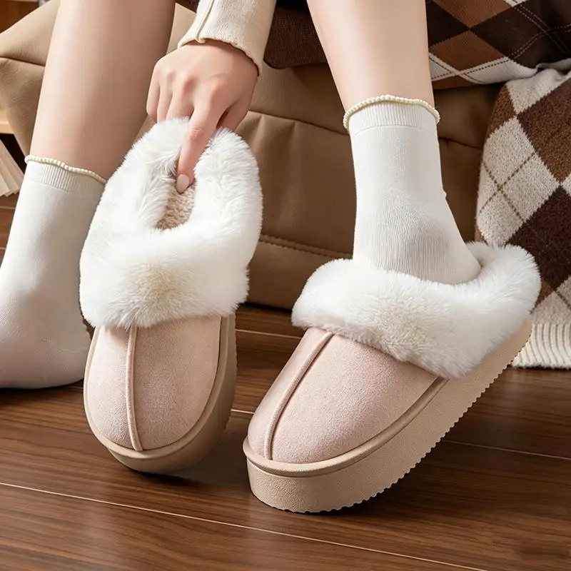 Flauschige Pelz-Mules mit dicker Sohle für Damen, Winter 2026, warme kurze Plüsch-Outdoor-Hausschuhe, Marken-Wildleder-Baumwollschuhe für Damen – Detail 12
