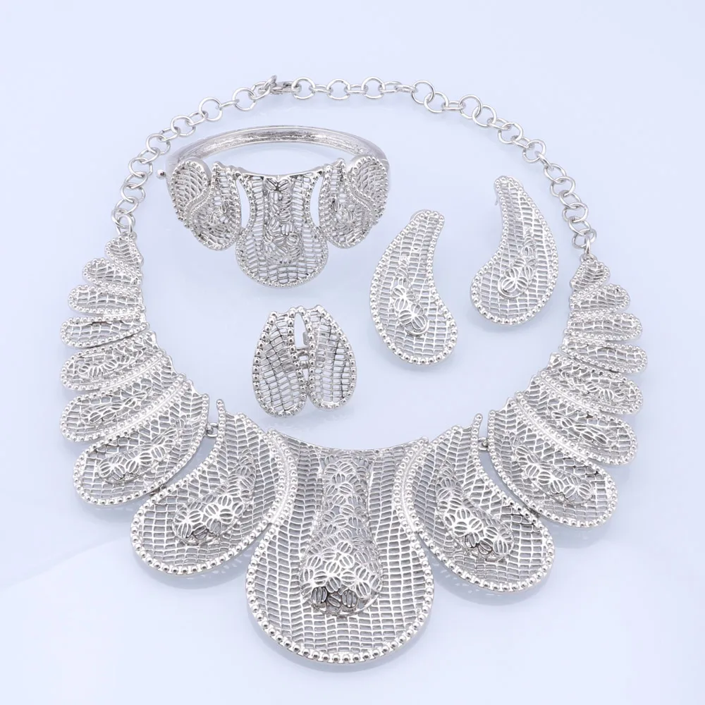 Necklace Set for Women Dubai African Silver Plated Jewelry Sets Bridal Earrings Rings Indian Nigerian Wedding Jewelery Gift