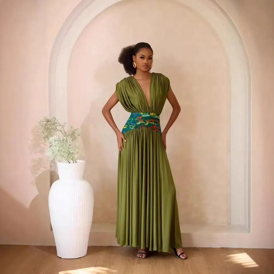 Dress Women Long Dresses Deep V Neck A Line Vestidos Sleeveless Elegant Splice Floral Print Tight Waist Y2k Streetwear Summer
