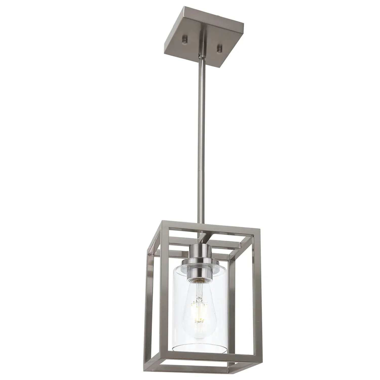 Contemporary Pendant Lighting,Single 1 Light Brushed Nickel Cage Hanging Light with Clear Glass Shade for Kitchen Island