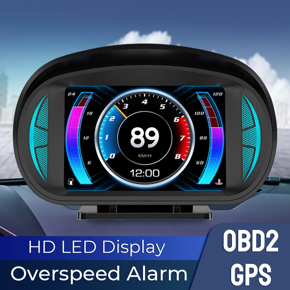 

Car Head Up Display Over Speed ​​Alert Safety Alert P2 Dual System HUD Turbo Brake Test OBD2 GPS Speedometer Grade Inclinometer