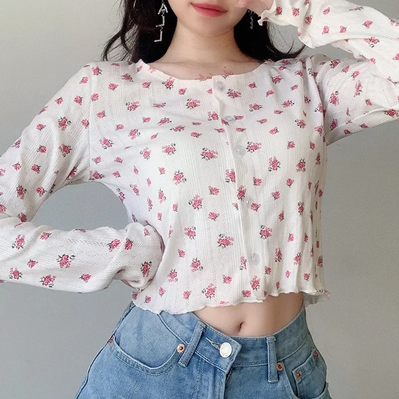 2023 Summer Women New Sweet Floral Print Long-sleeved Cardigan Tops with Fungus Loose and Thin Single-breasted Female T-shirt