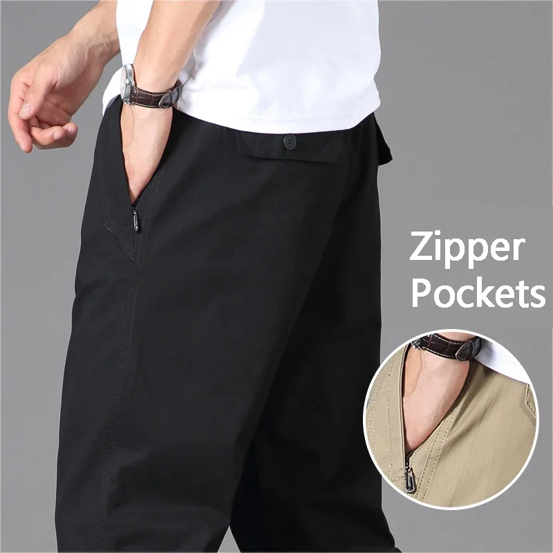 Pantalones informales con bolsillos y cremallera para hombre, Pantalón de algodón de alta calidad, cintura elástica, utilitario deportivo para el