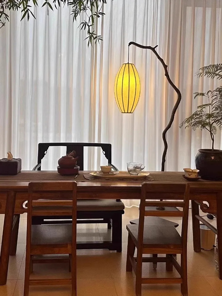 New Chinese Floor Lamp, Zen Retro Tea Room, Living Room Atmosphere Light, Silent Wind, Tree Branches, Fabric Lanterns, Fishing F