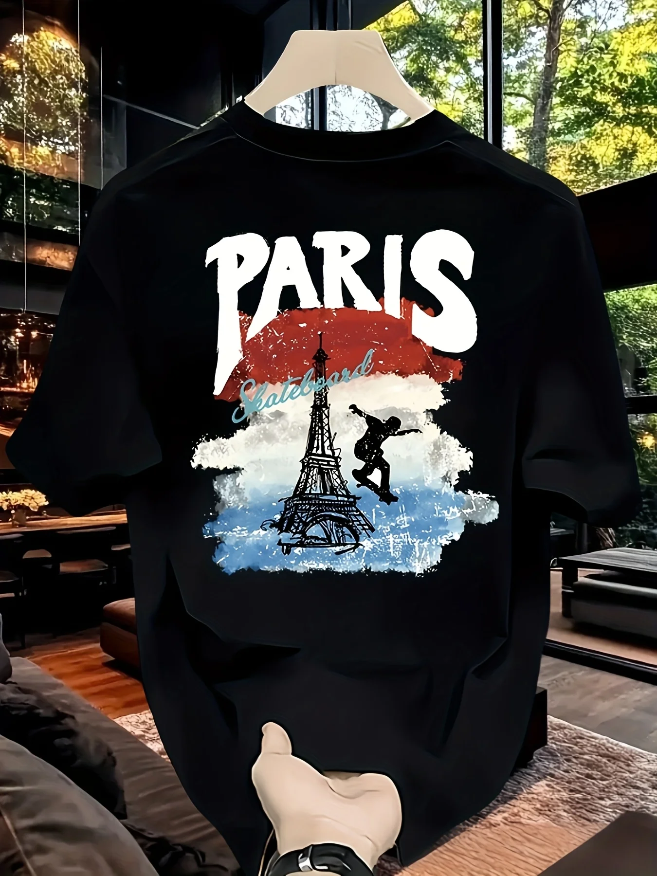 Paris Skateboard Eiffel Tower Watercolor Print on Premium Soft 100% Cotton Mens T Shirt Perfect for Summer Streetwear Style