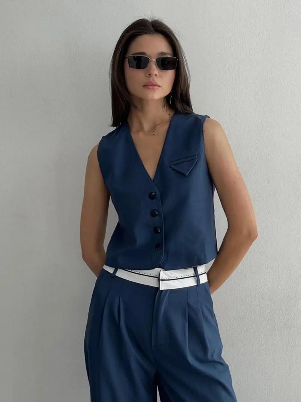 Fashion Blue Office Ladies 2 Piece Pants Suits Women Elegant Sleeveless Single-Breasted Vests High Wasit Patchwork Trousers Set