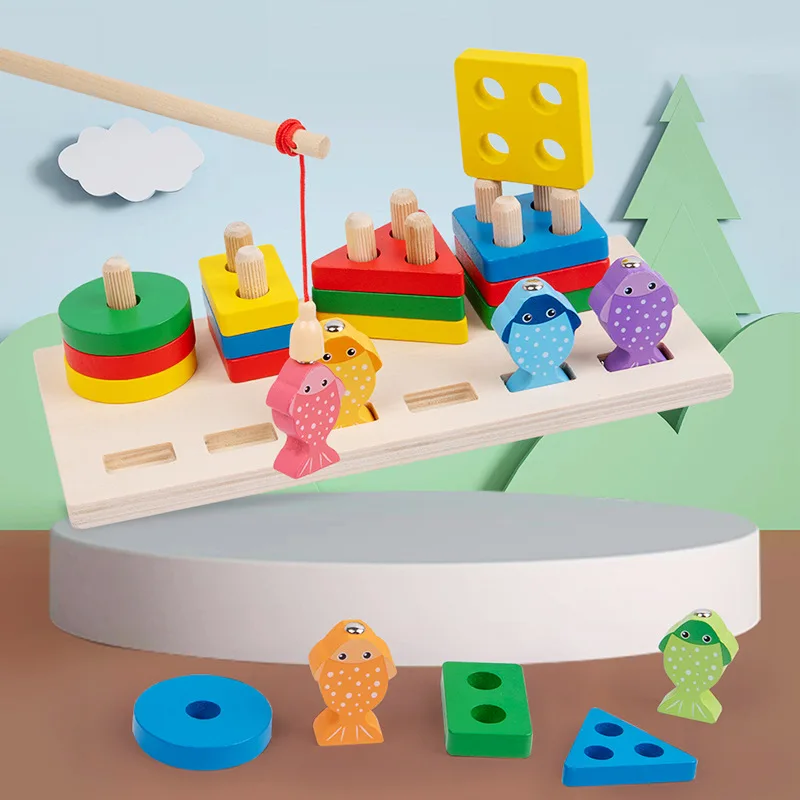 

Wooden 2-In-1 Three-Dimensional Fishing Shape Set Column Montessori Shape Cognitive Matching Board Game Educational Toy