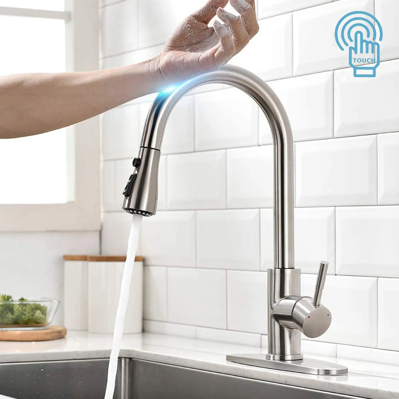 

Touch Sensor Kitchen Faucet Brushed Nickel Pull Down Sprayer Swivel Sink Faucet with Modern Design for Home Use Water Saving