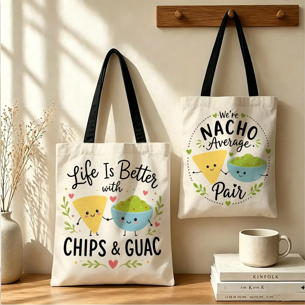 Guac My World Storage Bags Large Capacity Canvas Tote Bag Double-Sided Print Shoulder Handbag for Daily Shopping