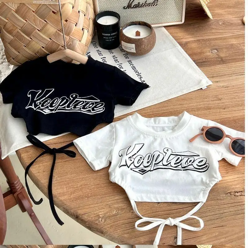 Girls Summer Short Sleeved T-shirts Children Summer Back Tie Up Top Sweet Girl Children Clothing Girl Baby Letter T-shirt Trendy