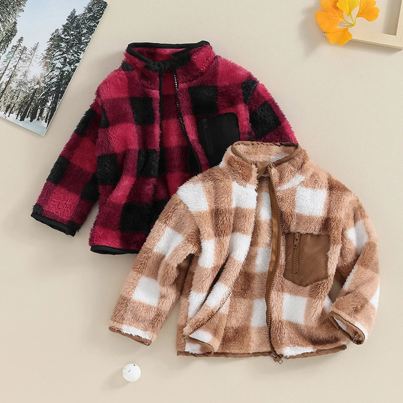 FOCUSNORM 0-4Y Toddler Kids Girls Boys Fleece Jacket Plaid Print Stand Collar Zipper Pocket Long Sleeve Winter Outerwear