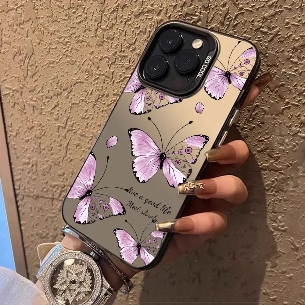 Fashion Butterfly Black Purple Color  IMD Phone Case For iPhone 15 Pro Max 15 14 13 12 11 Pro X XR XS 7 8 Plus plating Cover