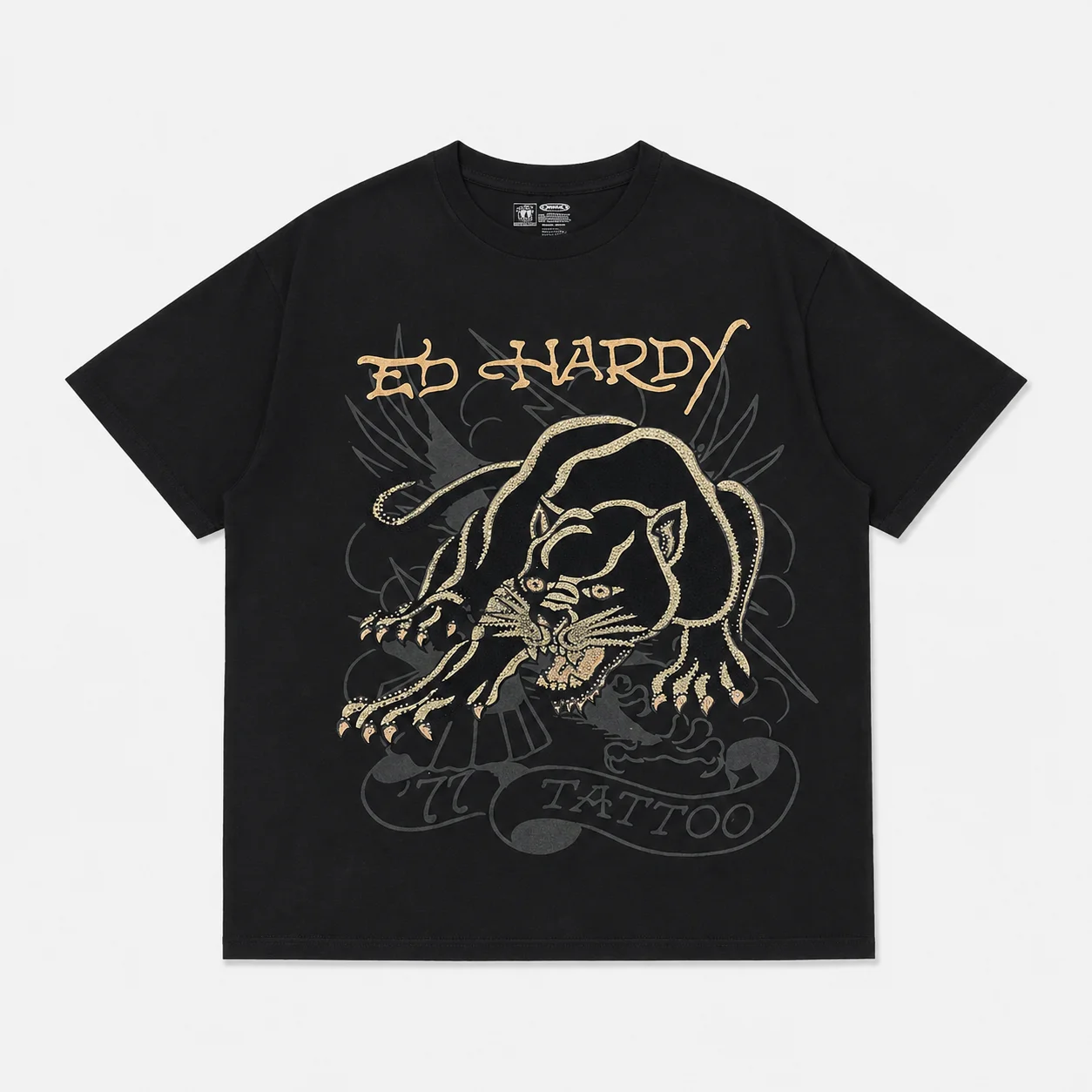 Ed Hardy Black Panther Gold Outline Tattoo Print T Shirt Unisex Loose Oversized Harajuku Streetwear Cotton Summer Graphic Tee