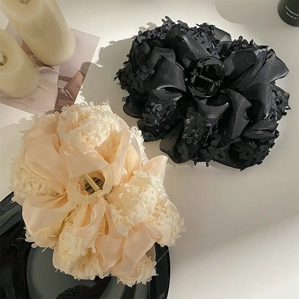 Novo 3d flor bowknot grampo de cabelo branco preto dupla face tubarão clipe elegante doce garra hairpin para meninas