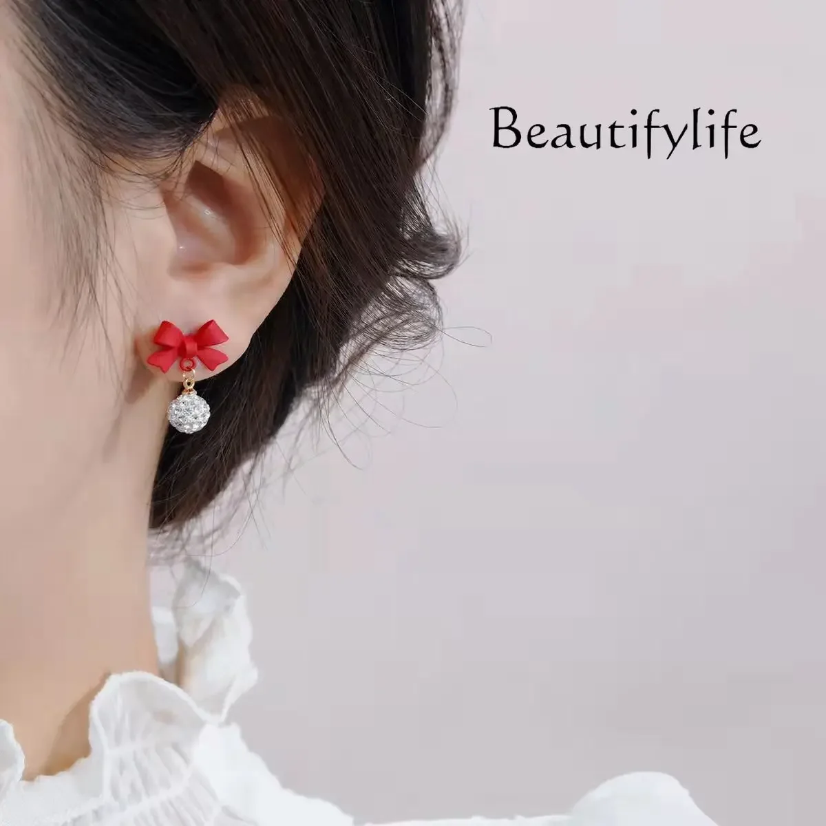 Red bow stud earrings cute small fresh  new versatile women's earrings ball girl heart