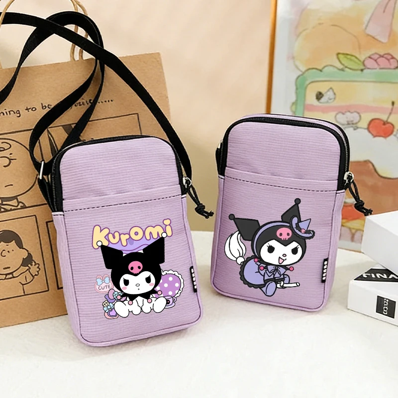 

Cute Kuromi Woman Mobile Phone Shoulder Bag Sanrio Anime Print Street Casual Strap Small Packet Case Y2K Kawaii Girl's Hand Bags