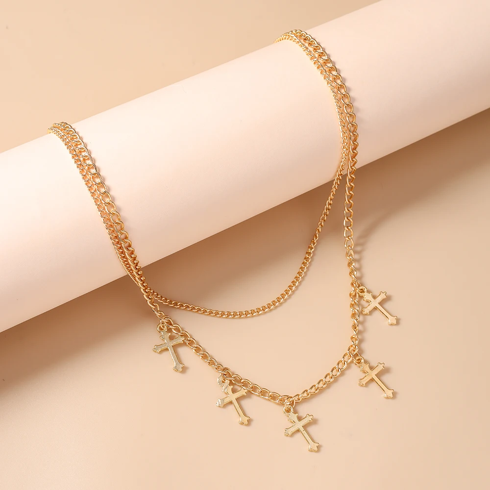 Aihua Gothic Goldfarben Kreuz-Anhänger Halskette für Frauen Choker Punk Metall Kurze Schlüsselbeinkette Schmuck Y2K Accessoires – Detail 6