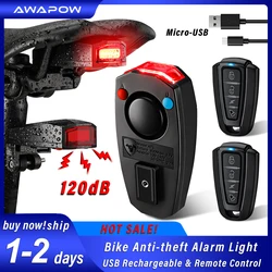 Awapow luz de bicicleta anti-roubo alarme sem fio à prova dwireless água sensor freio automático controle remoto usb lanterna traseira chifre lâmpada alarme