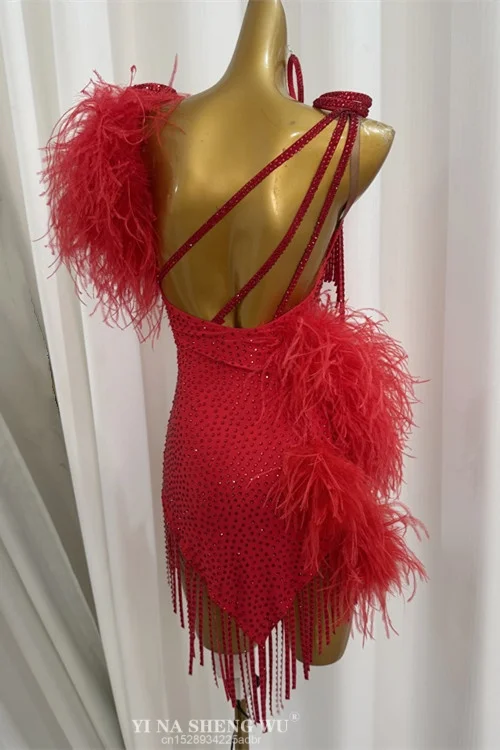 Latin dansjurken op maat gemaakte luxe AB stenen veren franje jurk voor volwassenen en kinderen prestatiekostuums dans rode jurk