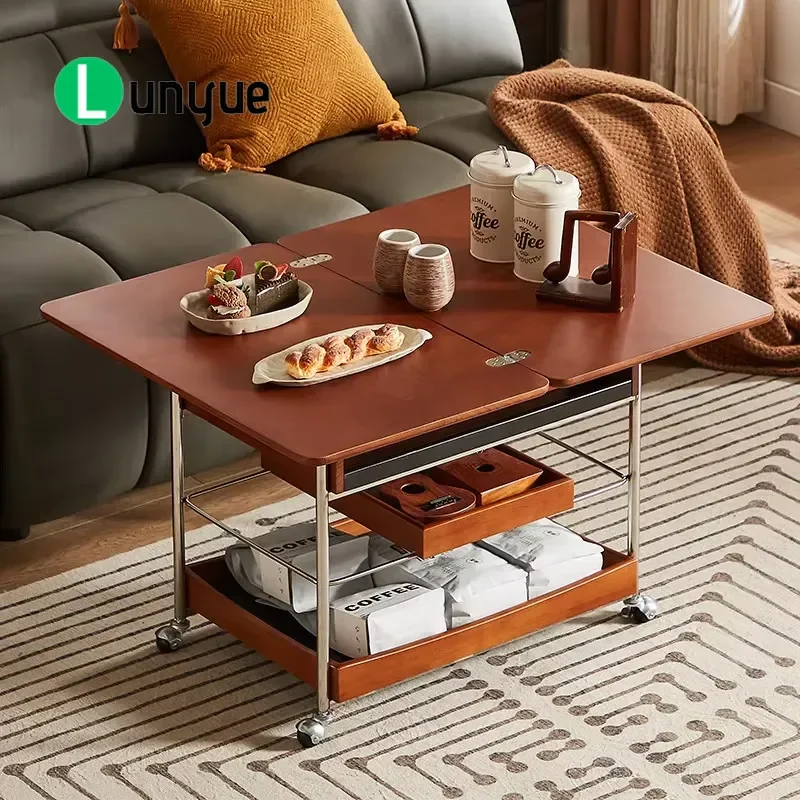 Chinese Traditional Solid Wood Folding Coffee Table with Storage Mobile Cart Small Square Side Table for Living Room Space