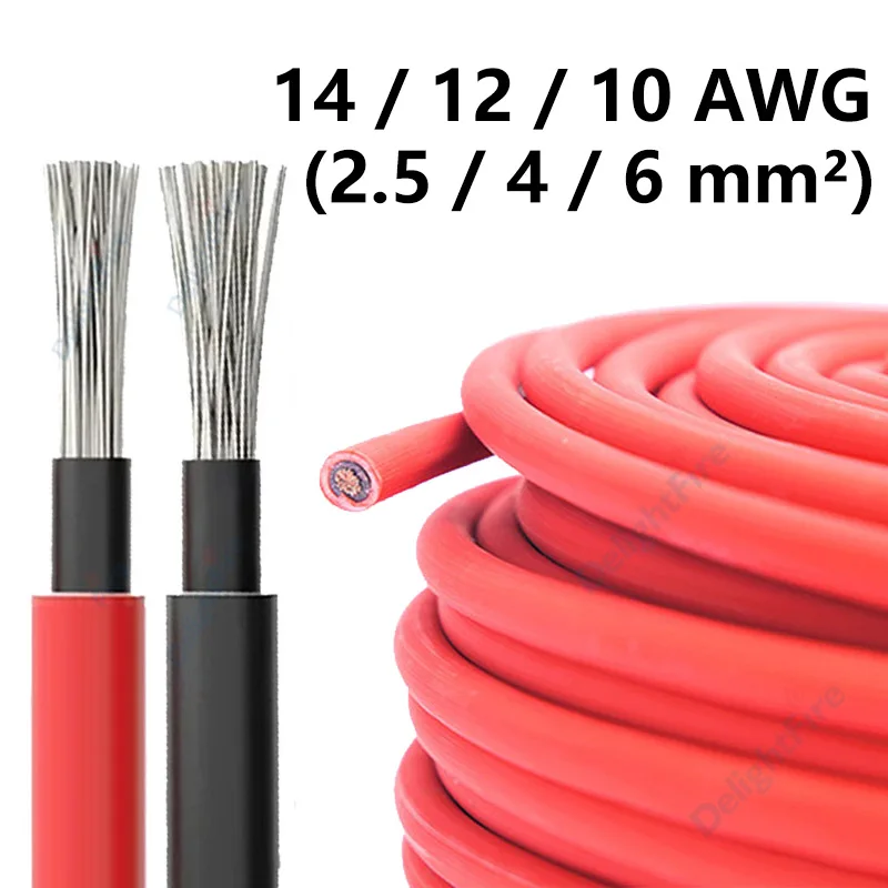 Fil photovoltaïque 14 12 10 AWG 2.5 mm2 4 mm2 6 mm2, gaine de fil de cuivre étamé rouge noir, câble solaire pour batterie de panneau PV