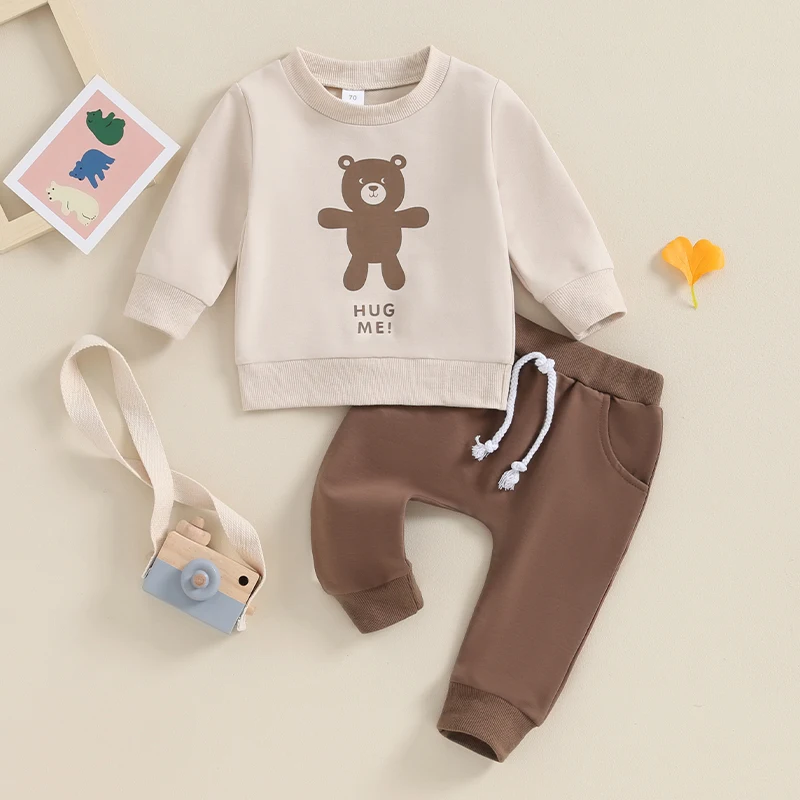 

2023-10-11 Lioraitiin 0-3Y Toddler Boys Outfits Bear Letter Print Crew Neck Long Sleeve Sweatshirts and Long Pants Clothes Set