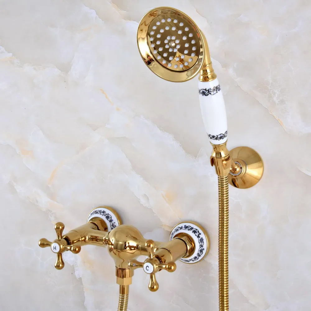 

Luxury Polished Gold Color Brass Wall Mounted Bathtub Faucet with Handheld Shower Set +1500MM Hose Mixer Tap 2na971