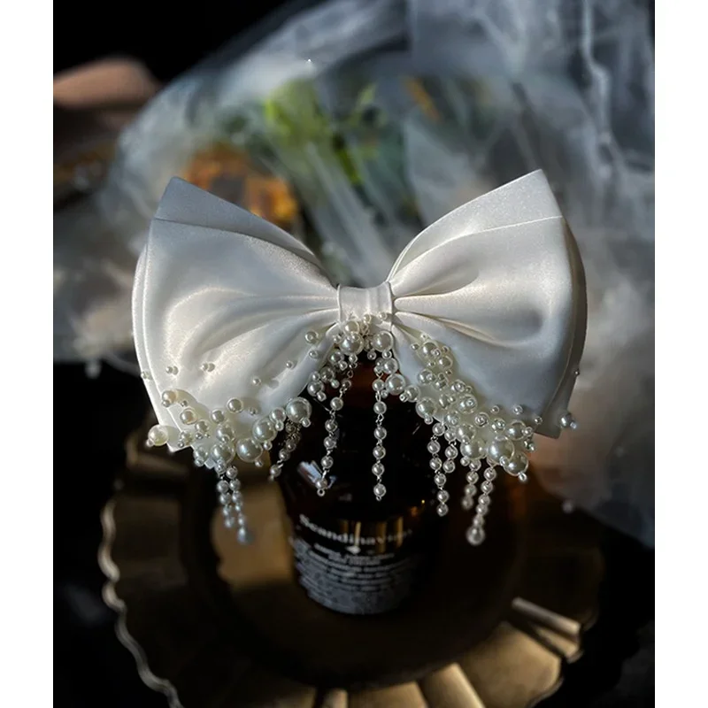 New white bow Beaded Bridal hair decoration wedding brides clips hairpin hair accessories