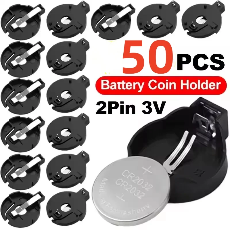 10-50PCS CR2032 Button Battery Holder 2 Pin DIP Coin Cell Battery Socket Coin Button Battery Holder Black Container Case