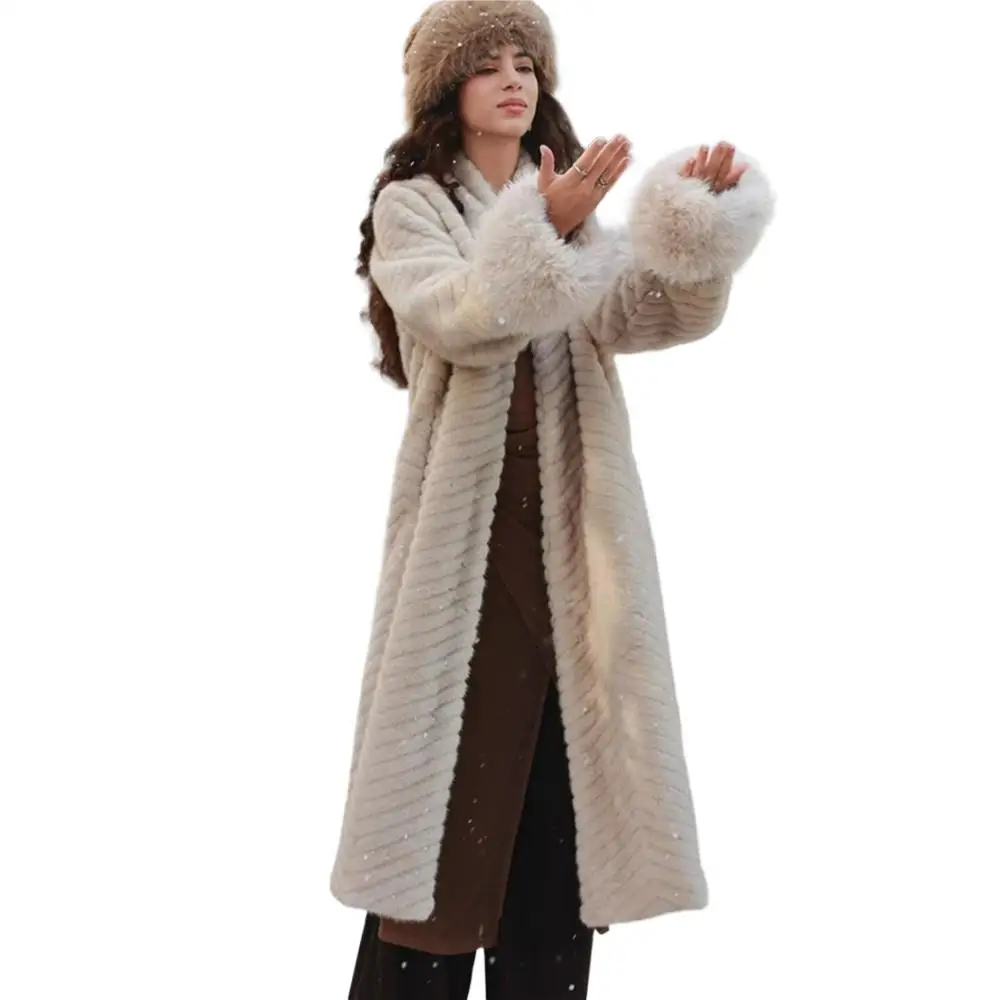 2 colors Winter Embossing Wave Strip Pattern Mink Faux Fur Coat Women V neck Spliced Removable Cuff Loose Warm Long Outerwear