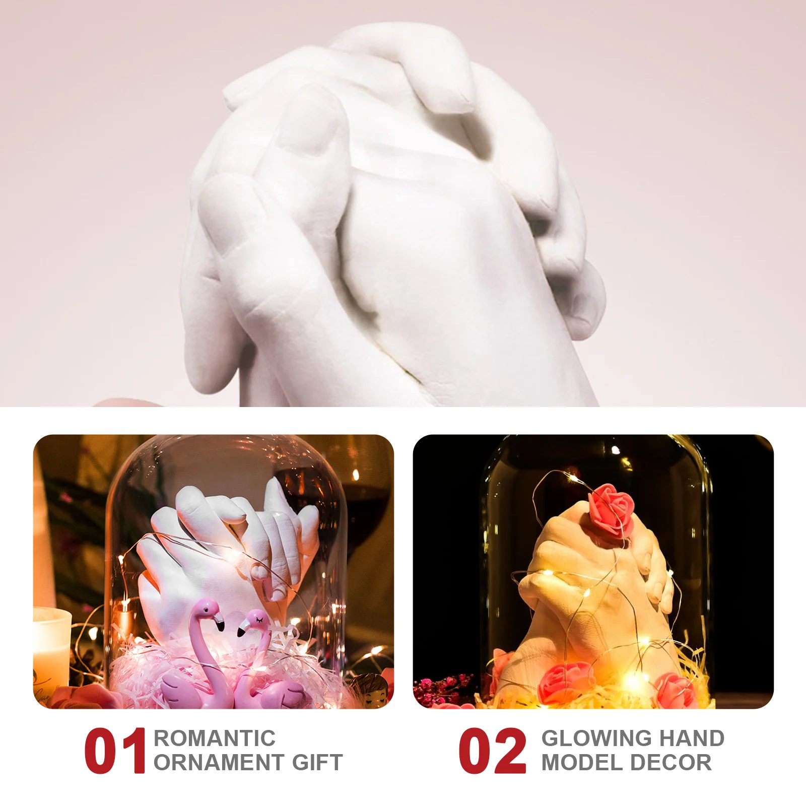 

Romantic Couple Hand Plaster Cast Glass Dome Wood Base Glowing Decor Valentine Anniversary Wedding Desktop Romantic Ornament