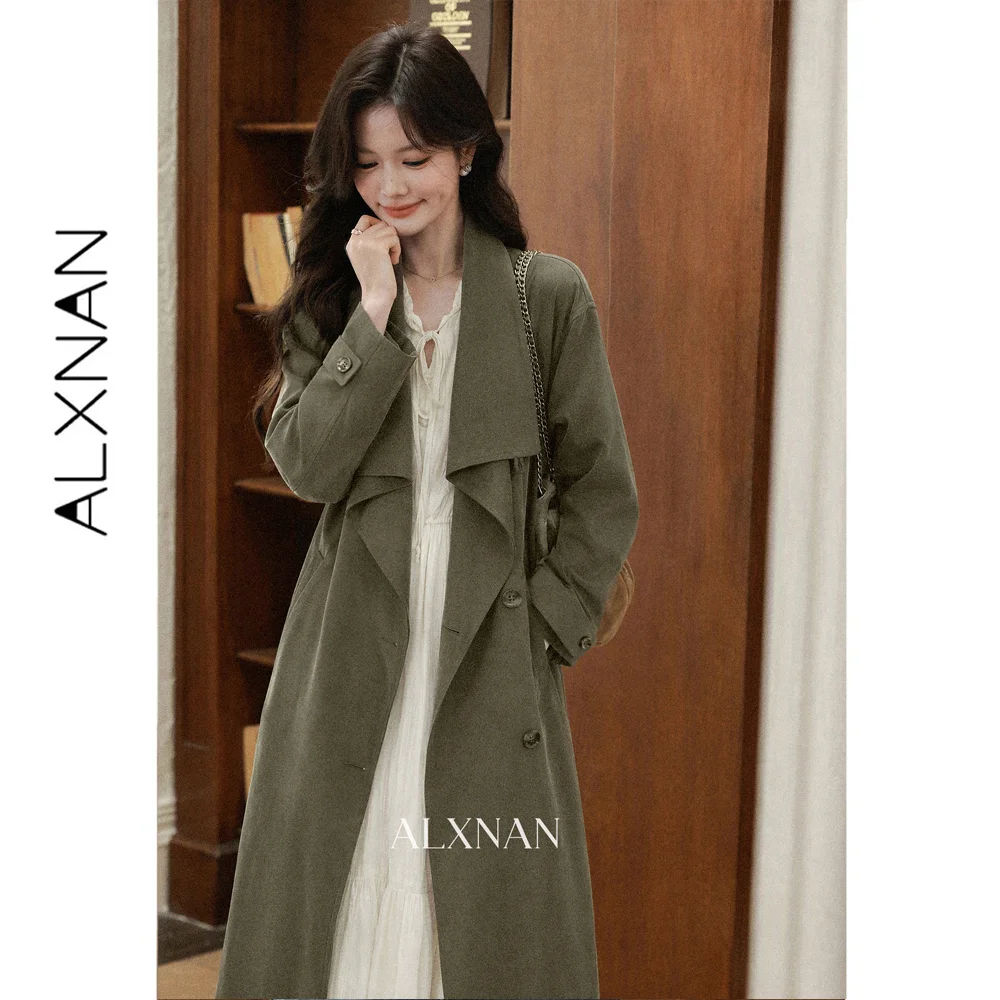 ALXNAN Women's Green Long Trench Coat Lapel Collar Slimming Versatile Commuter Minimalist Autumn 2026 Outerwear L681218A