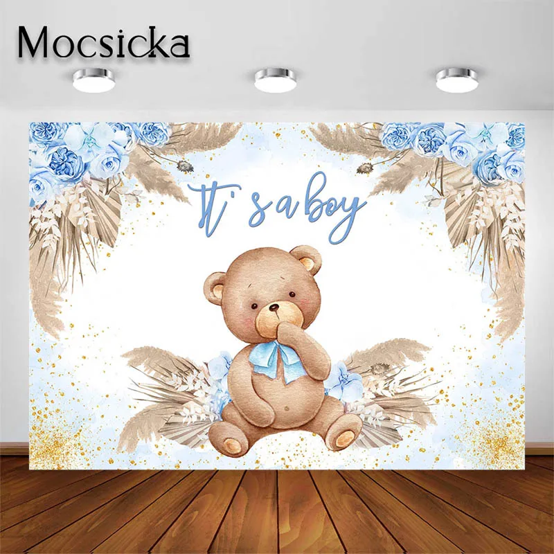 Mocsicka Baby Shower Backdrop Its A Boy Party Decorations Blue Floral Toy Bears Photography Background Photoshoot Studio Props